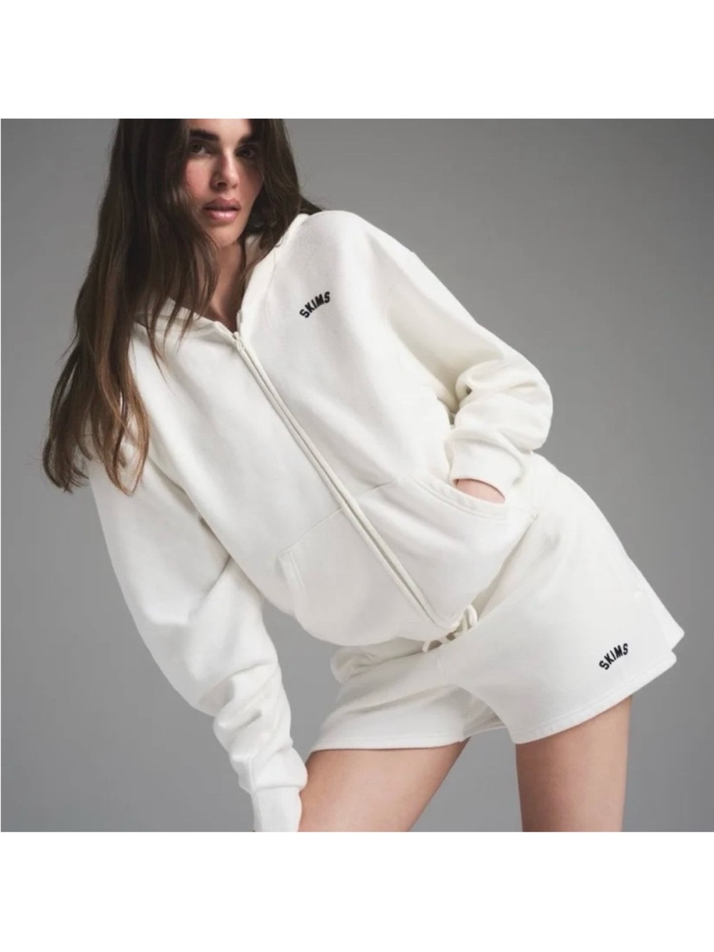 SKIMS Cotton Fleece Hoodie & Shorts Set – Marble – Size Medium